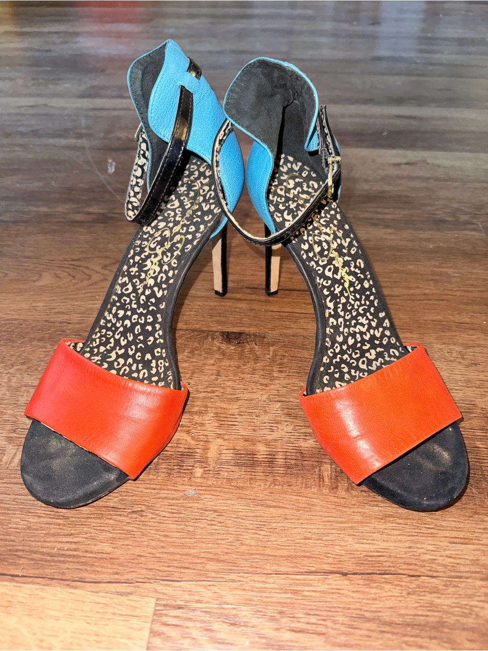 Jessica Simpson Red and Blue Two-Tone Ankle-Strap Stilettos